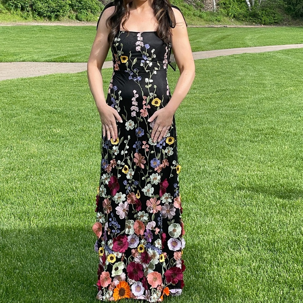 Lulus thriving poise black 3D floral embroidered tie strap maxi dress